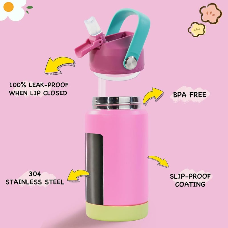 Kerilyn 12oz Kids Water Bottle, Stainless Steel Insulated Water Bottle for Kids, Toddler Cup with Straws Leak-Proof, Kids Water Bottles for School Boys Girls, BPA Free, Rose Red - Image 2